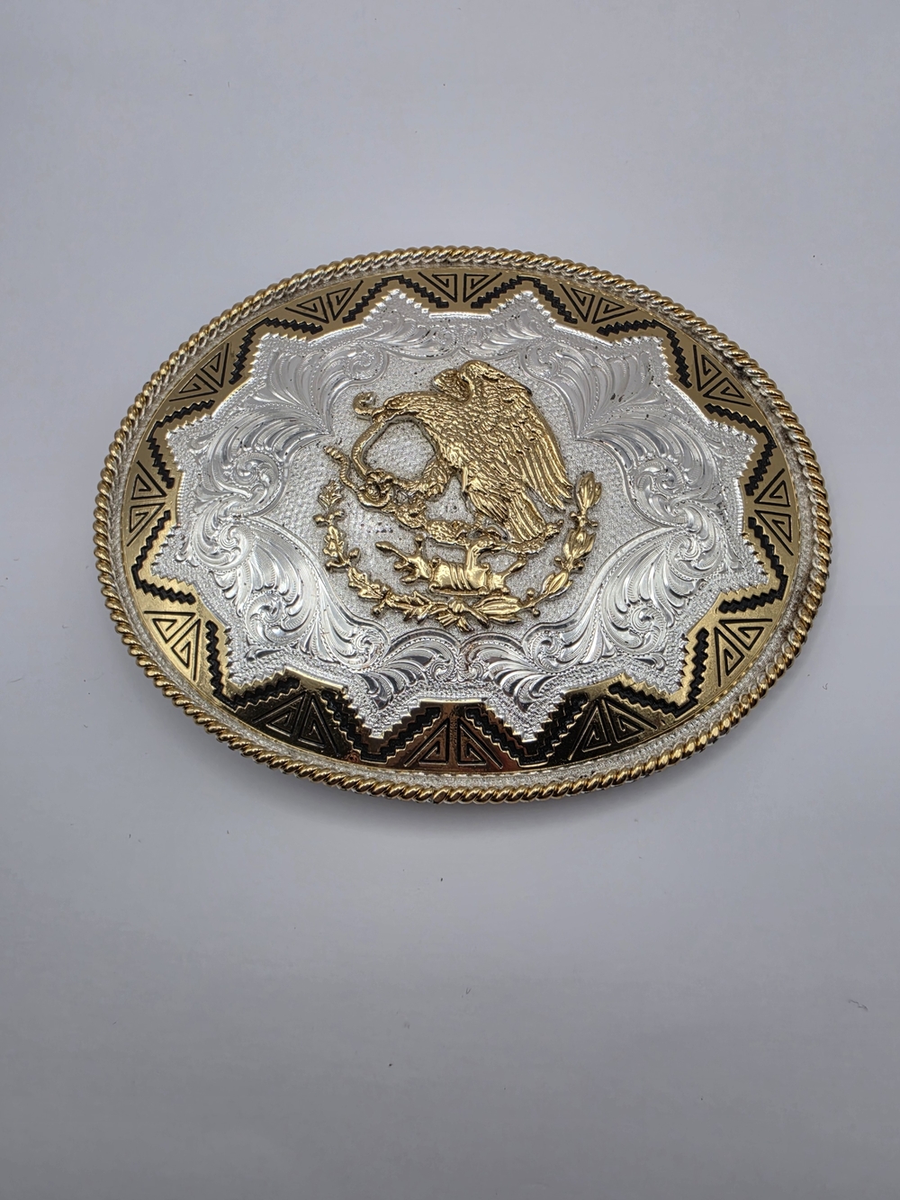 Ornate Two-Tone Mexican Eagle Belt Buckle - Gold & Silver